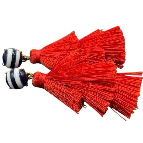 J. Crew Blue White Striped Three Tier Red Tassel Earrings - Picture 7 of 8